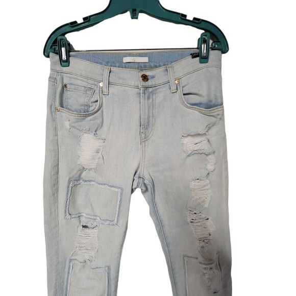 7 For All Mankind Distressed Patch Boyfriend Jeans 26 Rigid Light Washed Denim - Picture 2 of 8
